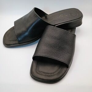 Montego Bay Club Black Leather Slide Sandals Square Toe Low Wedge Womens 7.5